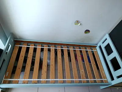 Single child  wooden bed frame with slats (mint/blue finish)