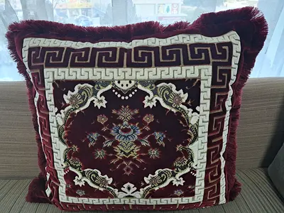 Velvet Decorative Throw Cushion with Embroidered Oriental Pattern (Maroon)