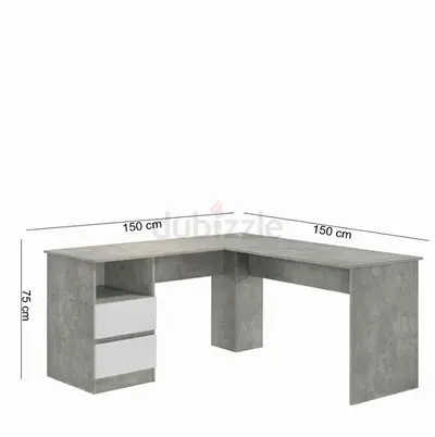 L-shaped Concrete Finish Corner Desk with Drawers