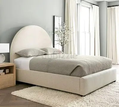 Beige Upholstered Bed with Rounded Headboard - Queen