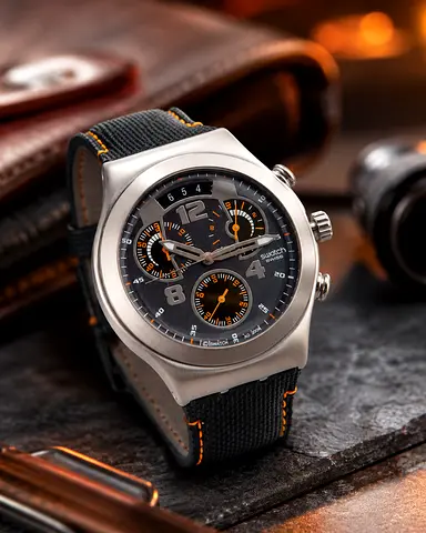 Swatch Mens Chronograph Watch with Black Dial and Orange Accents