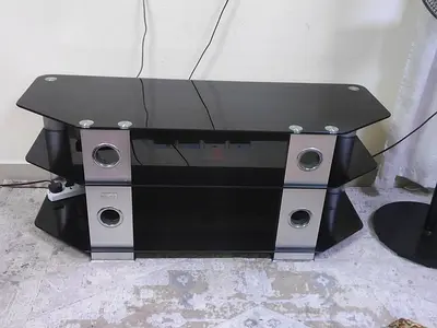 Black Glass TV Stand with Silver Columns — 3-Tier Entertainment Unit
