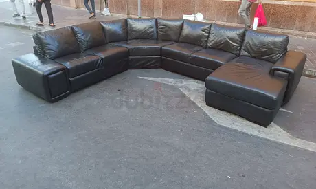 Large Black Leather Corner Sectional Sofa - 6-Seater, Good Condition