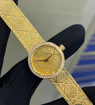 Golden -tone Dior ladies Master Copy watch with stones bezel