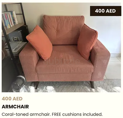 Coral-toned Fabric Armchair with Cushions - Good Condition