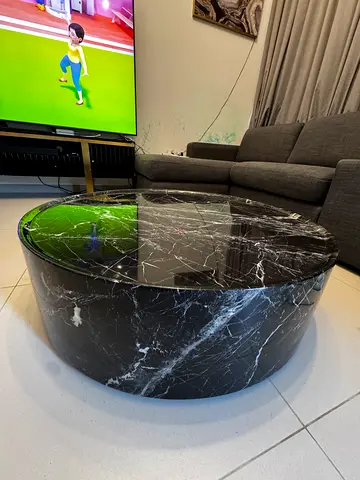 Round Black Marble-Effect Coffee Table with Glass Top