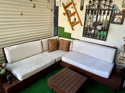 Wooden L-shaped Outdoor Sofa Set with Cushions