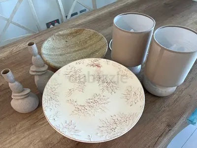 Neutral Ceramic Decorative Plates, Lights, and Candlestick Set - Lightly Used