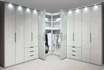 Large White Gloss Corner Wardrobe Set — Built-in Closets with Drawers
