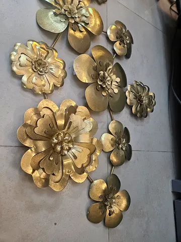 Set of Decorative Gold Metal Flower Wall Hangings.