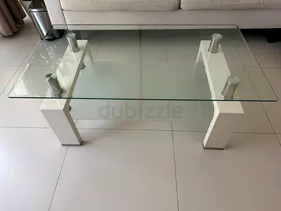 Glass Top Coffee Table with White Block Legs - Good Condition