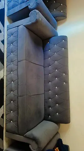 Grey Velvet 7-Seater Sofa with Button-Tufted Arms (Good Condition)
