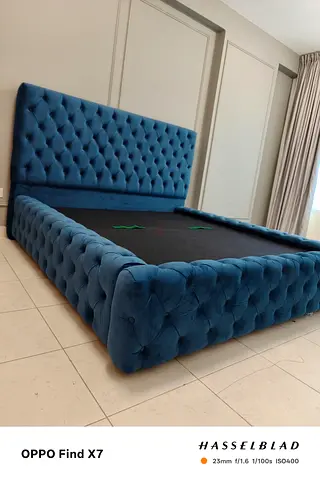 Blue Velvet Tufted Bed Frame with High Headboard
