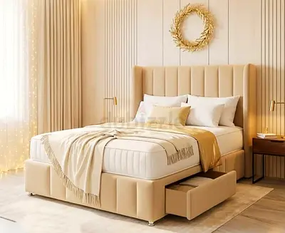 Beige Upholstered Storage Bed with Headboard and Drawers (Queen)