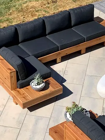 Outdoor wooden sectional sofa set with black cushions (modular)