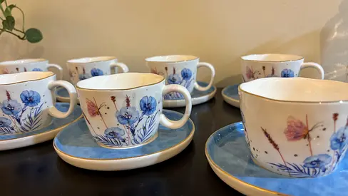 Set of 6 Floral Teacups with Saucers, milk and sugar pot, serving platter
