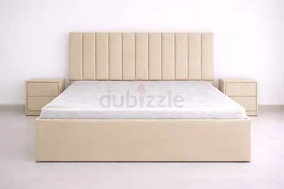 Beige Upholstered Double Bed with Headboard and Two Nightstands - Good Condition