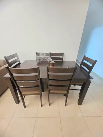 Wooden dining table with 6 chairs - dark brown, good condition