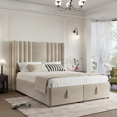 Beige Upholstered Storage Bed with Headboard