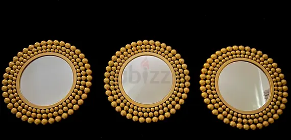 Set of 3 Round Gold Beaded Wall Mirrors - Decorative Accent Mirrors