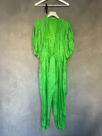 Stella McCartney Green Satin Jumpsuit with Puff Sleeves Size S/M