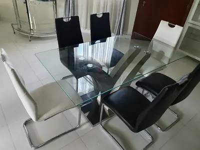 Glass Dining Table with 6 Modern Leather Chairs - Excellent Condition