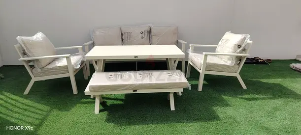 White Outdoor Patio Sofa Set with Coffee Table and Bench - 4-Piece
