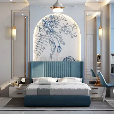 Blue Upholstered King Bed with Padded Headboard