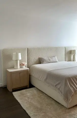Beige upholstered bed with matching headboard and side tables - set