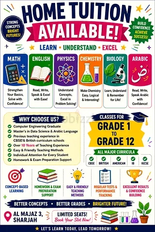MATH | ENGLISH | PHYSICS | CHEMISTRY | BIOLOGY | ARABIC - HOME TUITION AVAILABLE