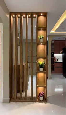 Wooden Room Divider with Built-in Shelves and LED light