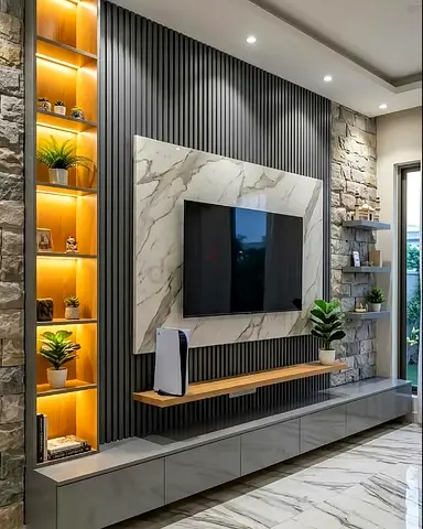 Modern Marble TV Wall Unit with Built-in Shelving and LED Accent Lighting
