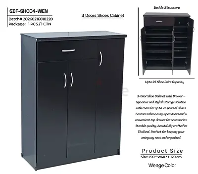 Wenge 3-Door Shoe Cabinet with Drawer — Up to 25 Pairs