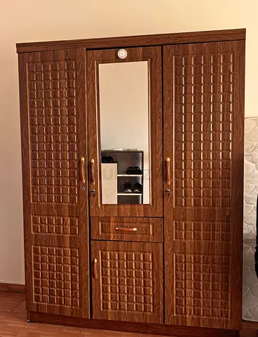 3-Door Wooden Wardrobe with Mirror and Drawers - Good Condition