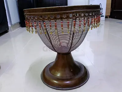 Vintage brass decorative basket/side table with beaded fringe