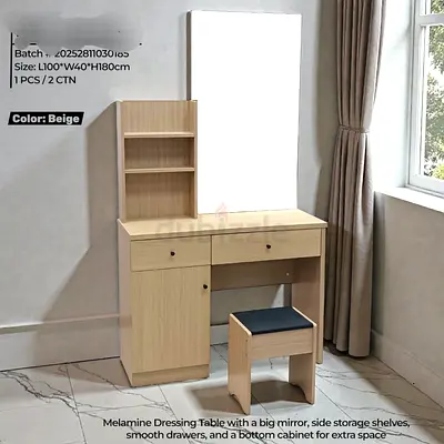 Melamine Dressing Table with Mirror, Shelves  Stool - Beige