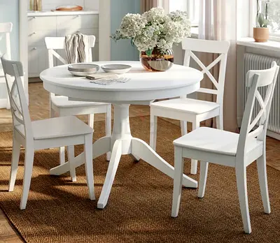 IKEA White ROSENTORP Extendable table, white chairs