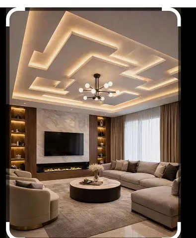 Modern Living Room with Geometric Backlit False Ceiling