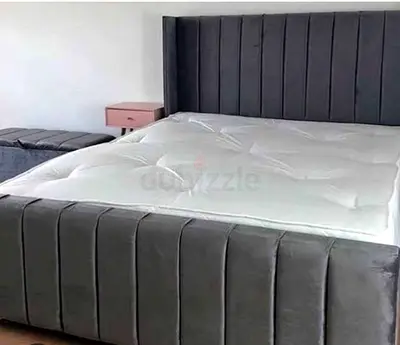 Grey Velvet King Size Bed Frame with Padded Headboard