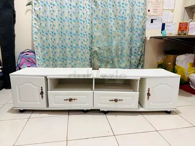 White Wooden TV Cabinet with Drawers and Storage. Adjustable, can be fit for corners