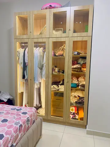 Light wood 6-door wardrobe with glass panels — good condition