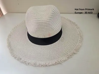White Wide-Brim Straw Sun Hat with Black Band - Excellent Condition