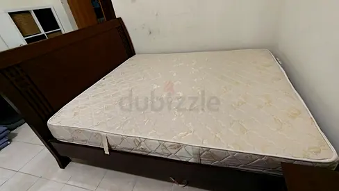 Solid Wood Double Bed Frame with Used Mattress - Good Condition. With side table.