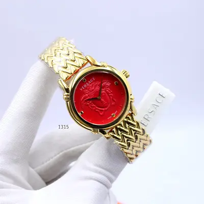 Versace Golden -tone Ladies Master Copy  Watch with Red Medusa Dial