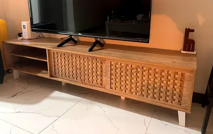 Mid-century 180cm Oak TV unit with Woven Sliding Doors