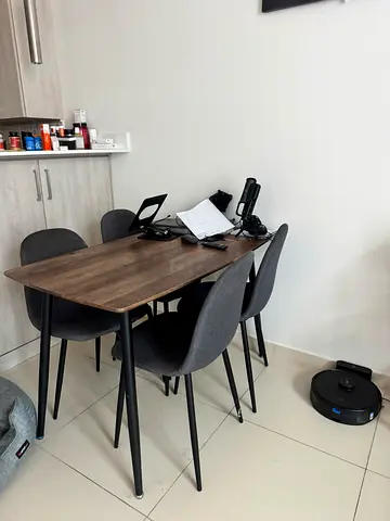 Wooden Dining Table with 4 Grey Chairs - Compact Set