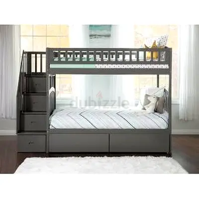 Gray Wooden Bunk Bed with Staircase and Storage Drawers - Twin over Full