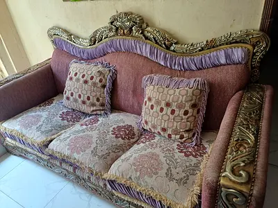 Ornate 3-Seater Upholstered Sofa with Carved Wooden Frame 12 persons sofa sets