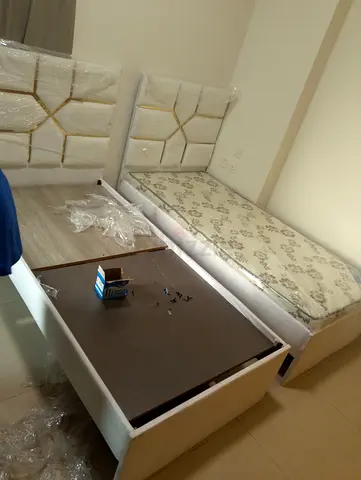 Pair of Single Beds with Headboards and Mattresses - Light Beige