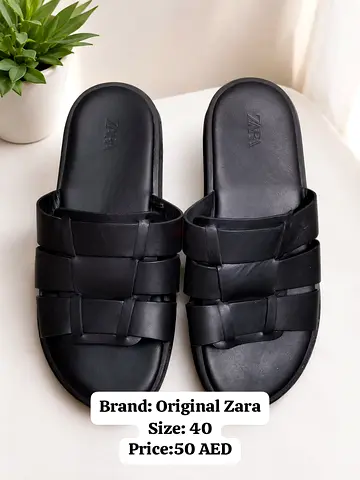Original Zara Black Leather Slide Sandals - Size 40